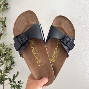 Birkenstock Glossy Black Madrid Slide Sandals